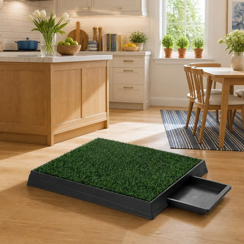 Dog Training Pad Synthetic Grass Mat Portable Tray Indoor Outdoor 2 Piece Black Green
