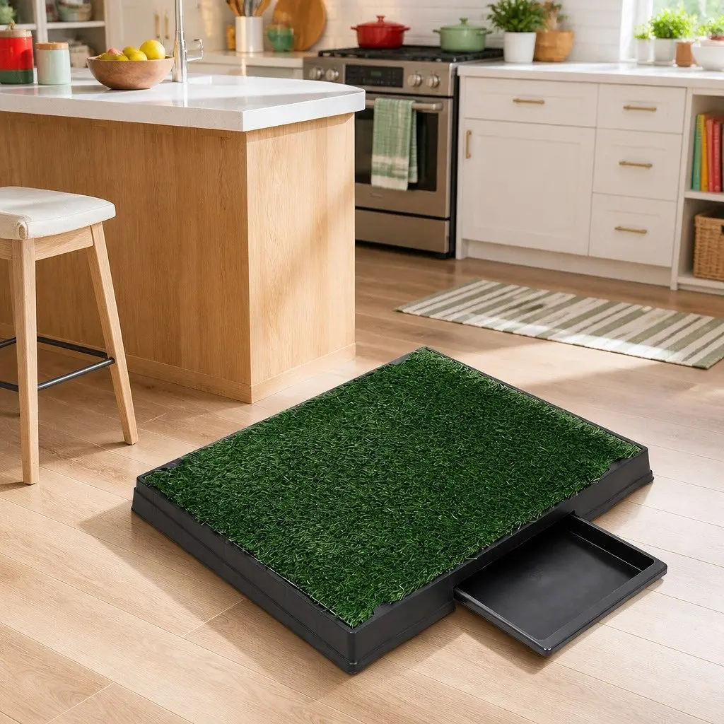 Dog Training Pad Synthetic Grass Mat Portable Tray Indoor Outdoor 2 Piece Black Green