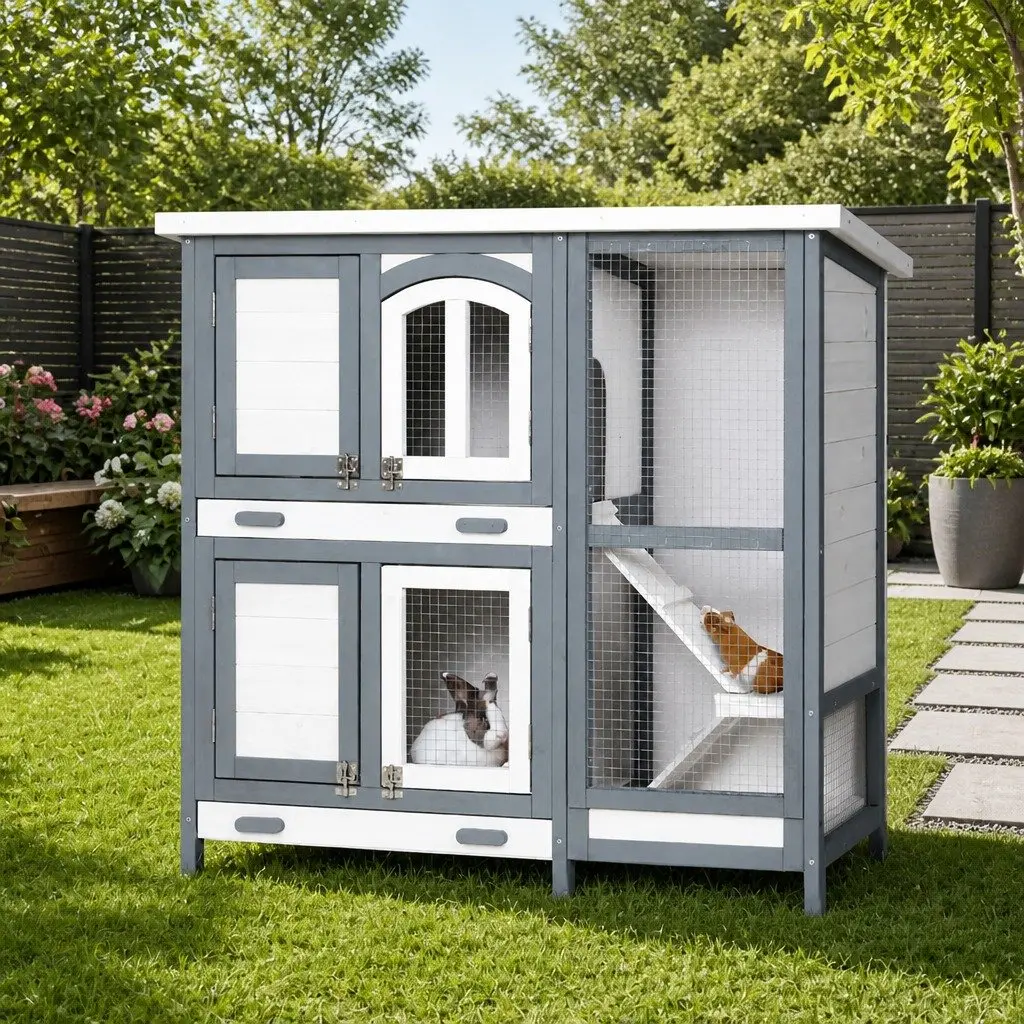 Rabbit Hutch Outdoor Wooden House 98cm with Galvanised Mesh Grey and White for Small Animals