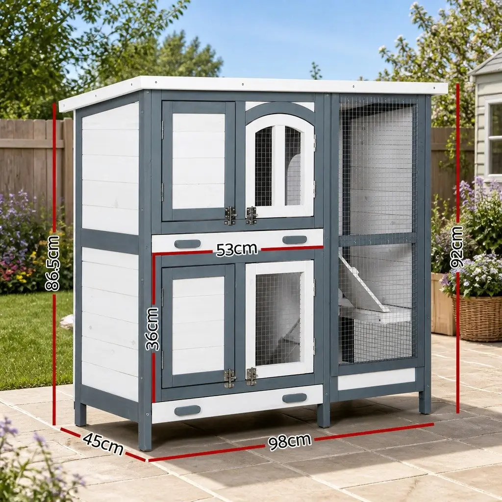 Rabbit Hutch Outdoor Wooden House 98cm with Galvanised Mesh Grey and White for Small Animals