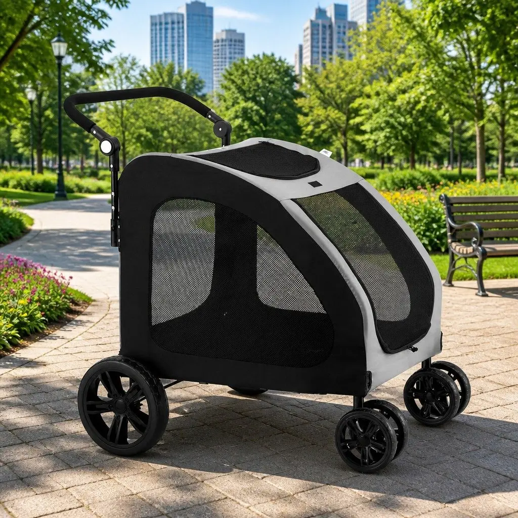 Pet Stroller Foldable Steel Pipe 4 Wheels Spacious Black or White