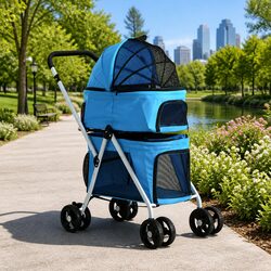 Pet Stroller Dog Pram Cat Carrier Travel 3-in-1 Foldable 4 Wheels Blue