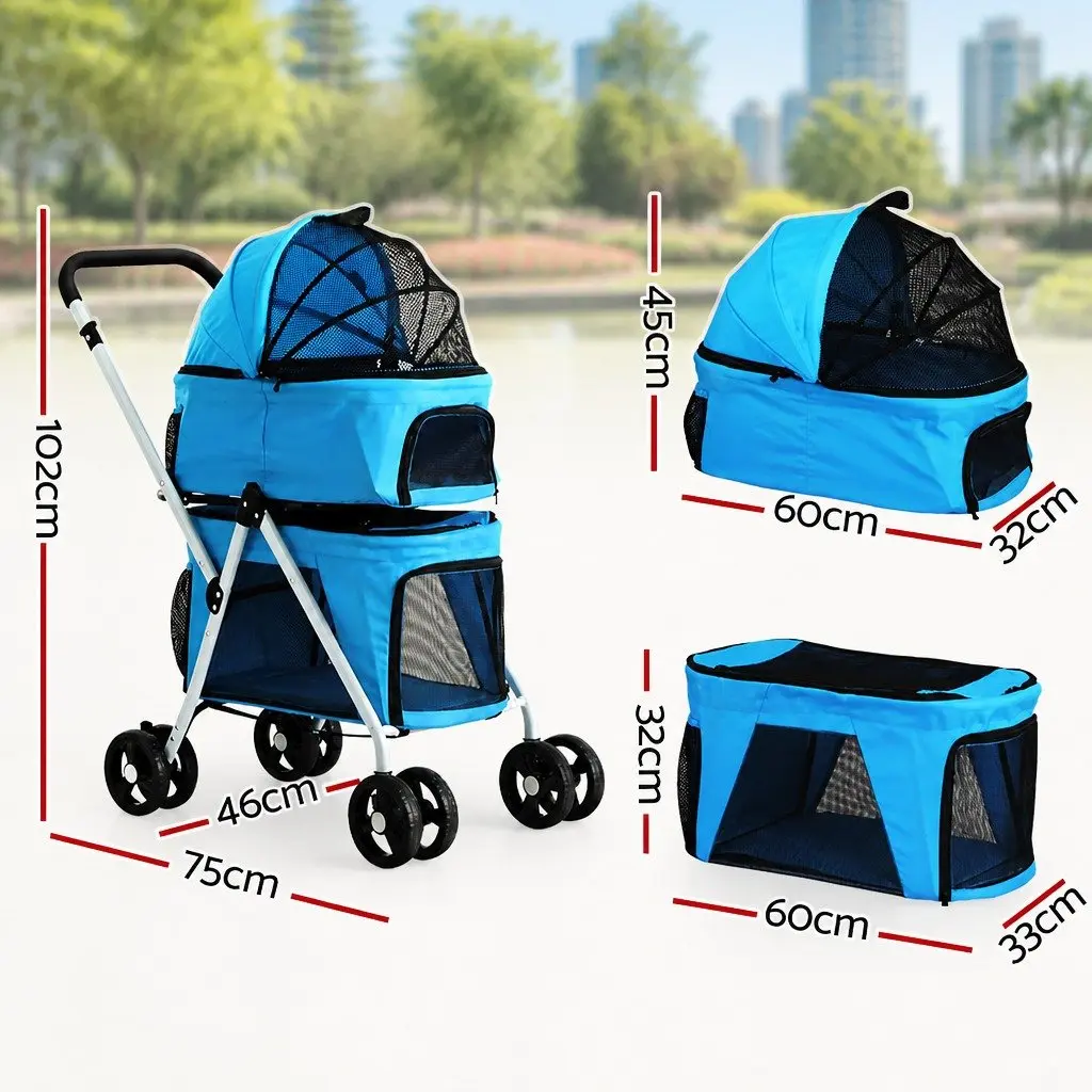 Pet Stroller 3-in-1 Foldable Steel Blue 75cm L x 46cm W x 102cm H