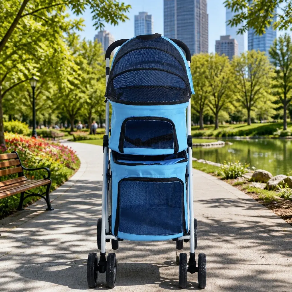 Pet Stroller 3-in-1 Foldable Steel Blue 75cm L x 46cm W x 102cm H