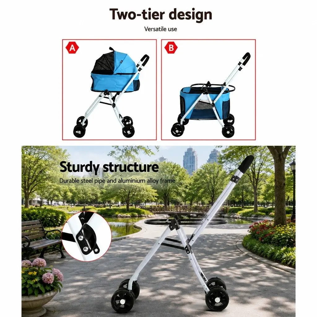Pet Stroller 3-in-1 Foldable Steel Blue 75cm L x 46cm W x 102cm H
