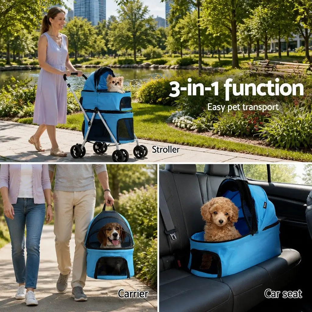 Pet Stroller 3-in-1 Foldable Steel Blue 75cm L x 46cm W x 102cm H
