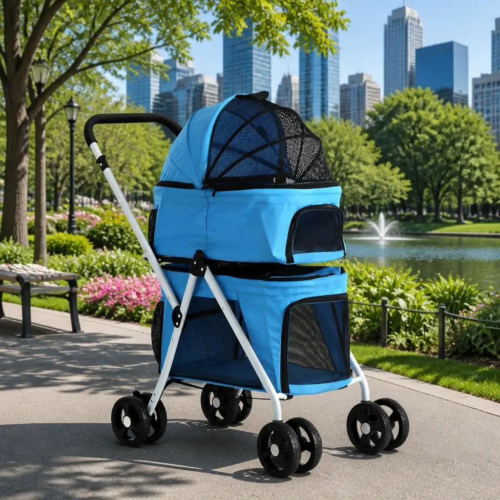 Pet Stroller 3-in-1 Foldable Steel Blue 75cm L x 46cm W x 102cm H