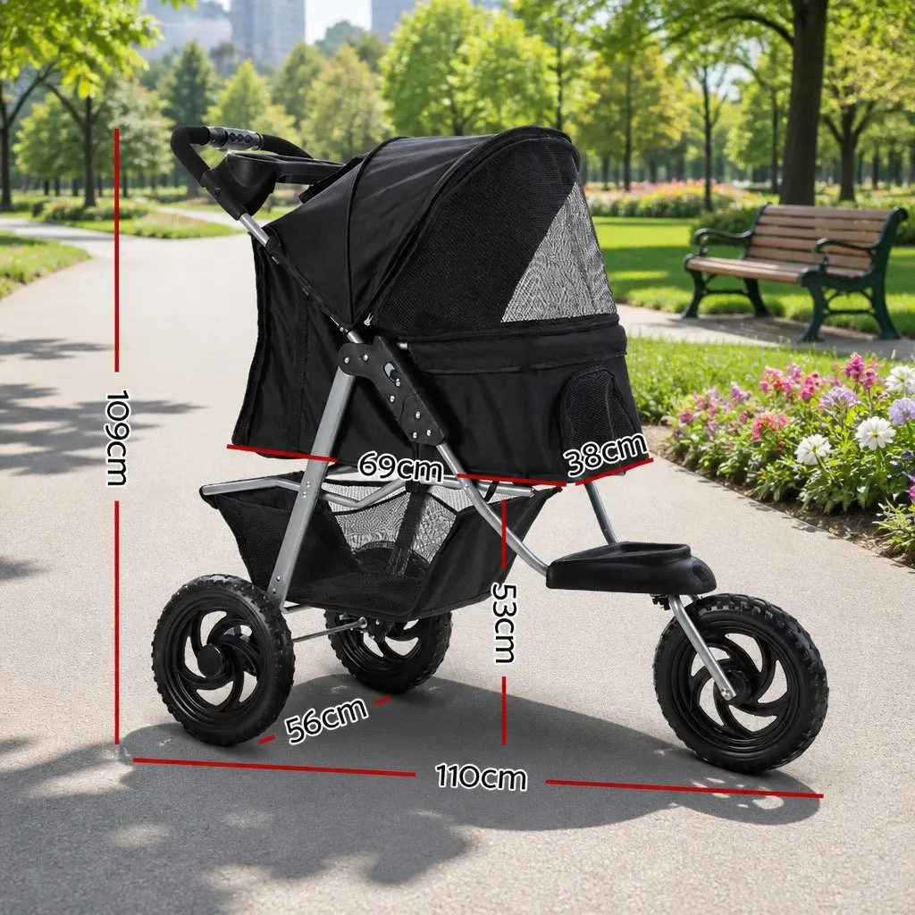 Pet Stroller Foldable 3 Wheels Black 110 cm L x 56 cm W x 109 cm H