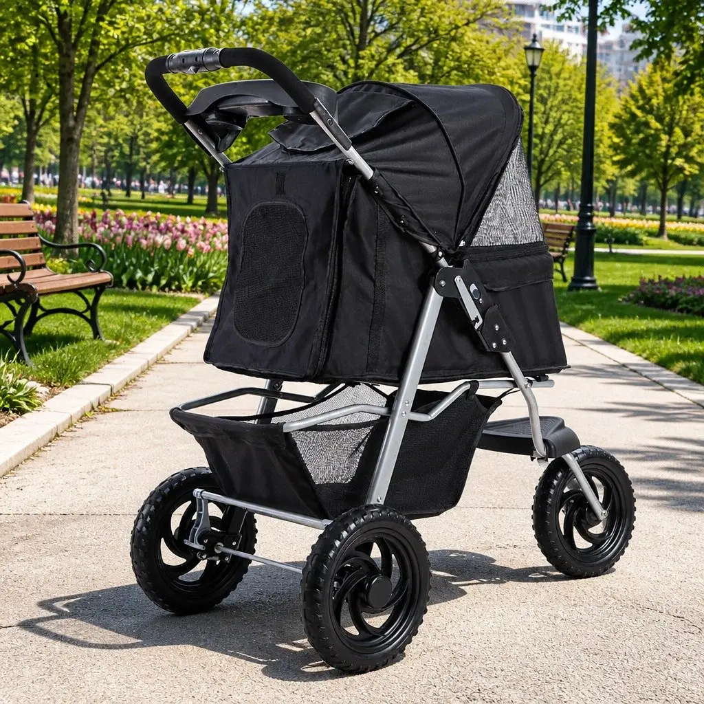 Pet Stroller Foldable 3 Wheels Black 110 cm L x 56 cm W x 109 cm H