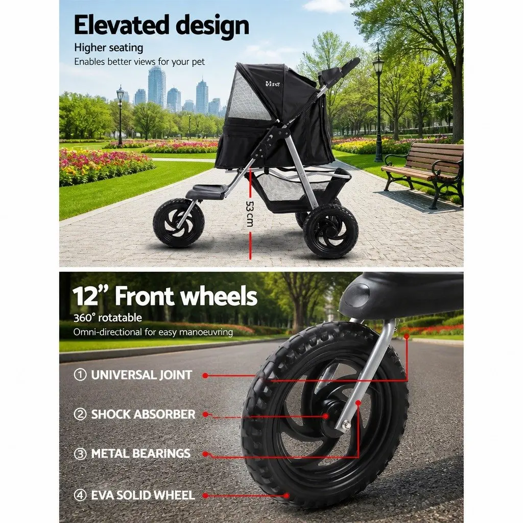 Pet Stroller Foldable 3 Wheels Black 110 cm L x 56 cm W x 109 cm H