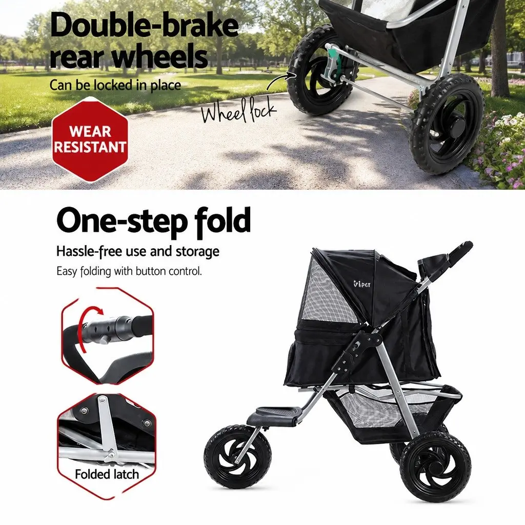 Pet Stroller Foldable 3 Wheels Black 110 cm L x 56 cm W x 109 cm H