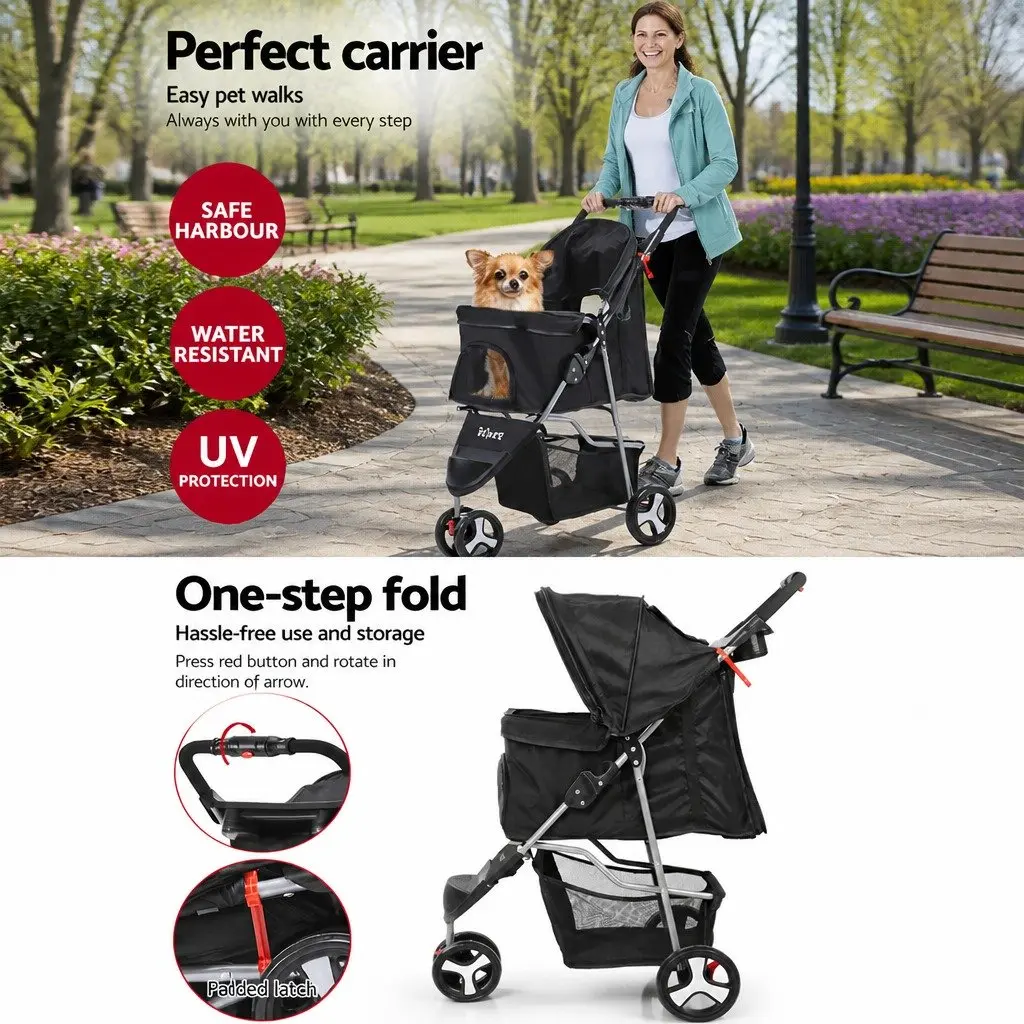 Pet Stroller Foldable 3 Wheel Large Black