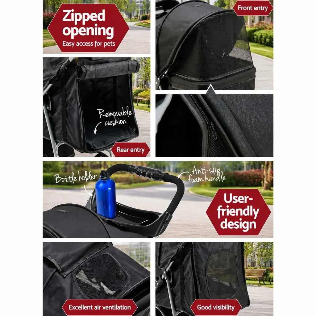 Pet Stroller Foldable 3 Wheel Large Black