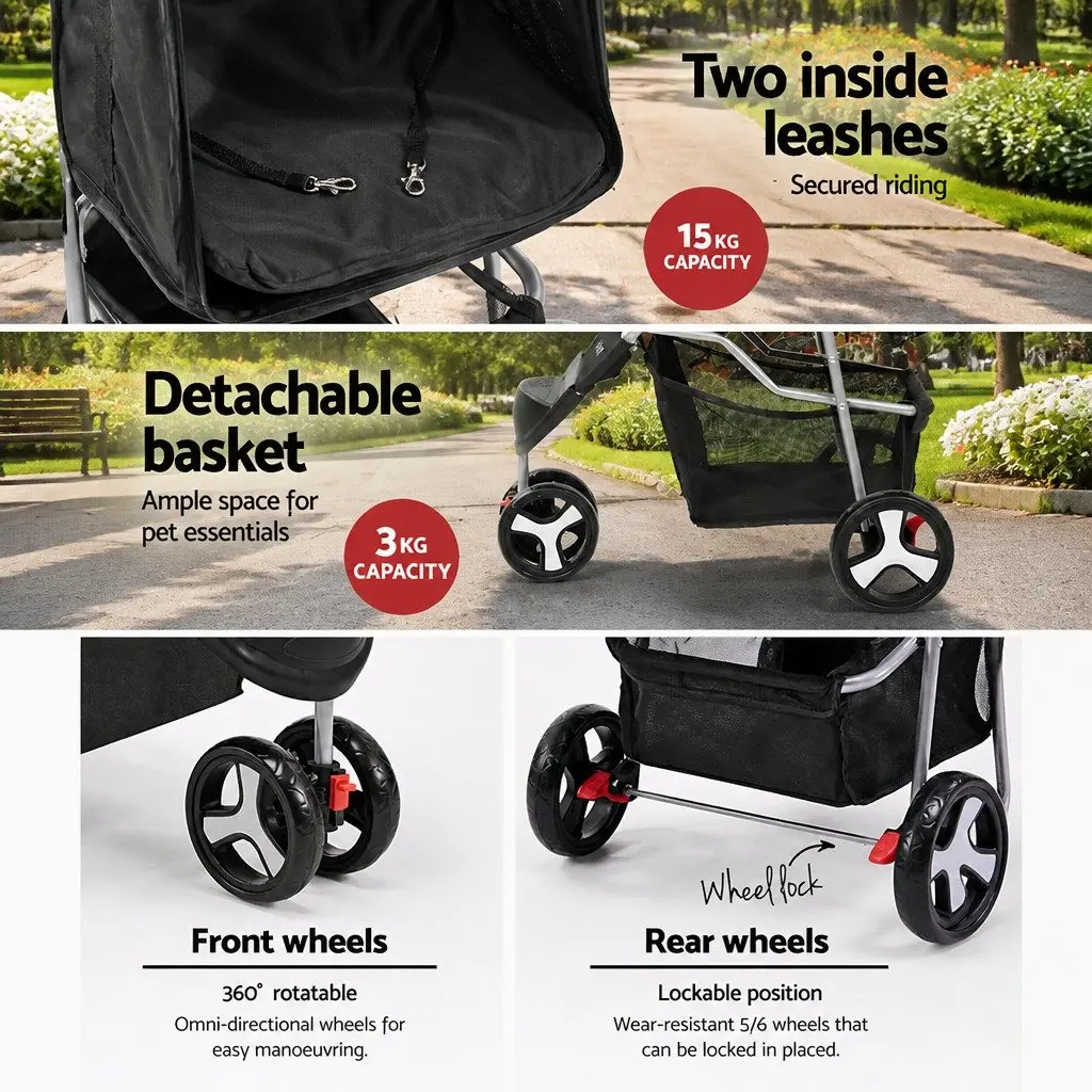 Pet Stroller Foldable 3 Wheel Large Black