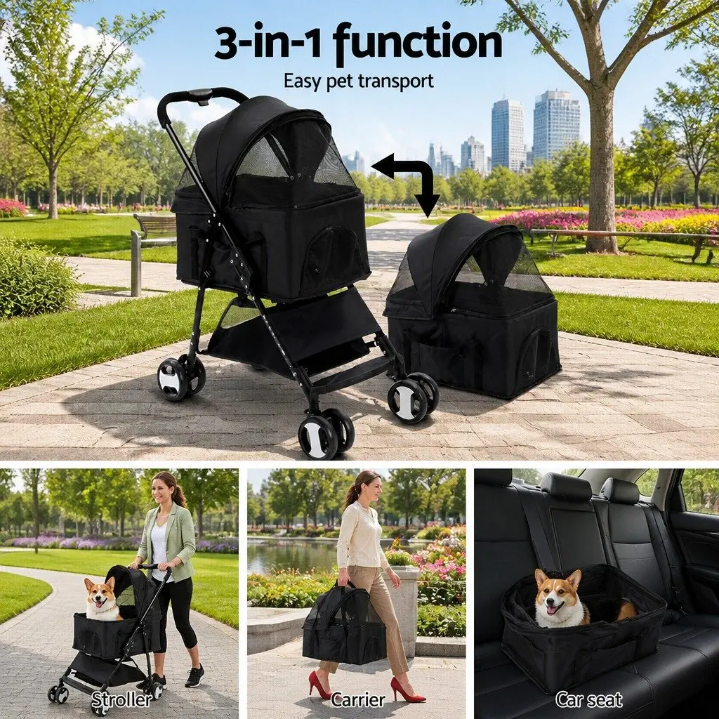 Pet Stroller Foldable 3-in-1 Carrier Car Seat Black 84cm x 48cm x 99cm