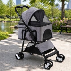Pet Stroller Dog Pram Cat Carrier Travel Pushchair Foldable 4 Wheels Grey Large