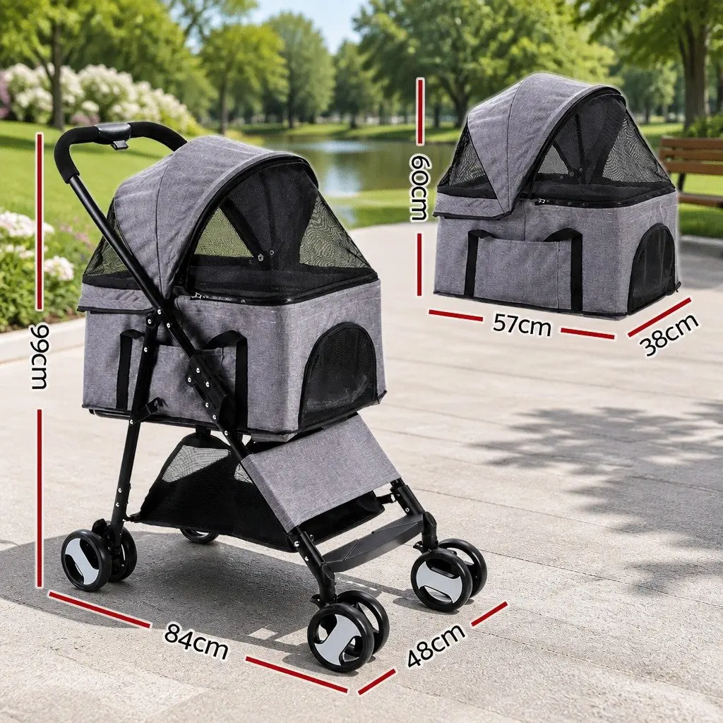 Pet Stroller Foldable 3-in-1 Grey Large Powder-coated Steel 600D Oxford Fabric
