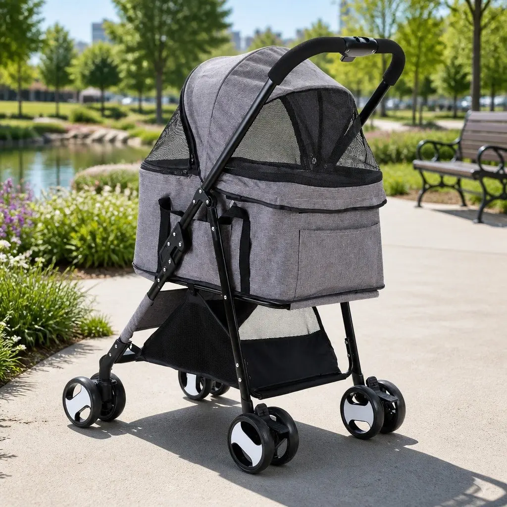 Pet Stroller Foldable 3-in-1 Grey Large Powder-coated Steel 600D Oxford Fabric