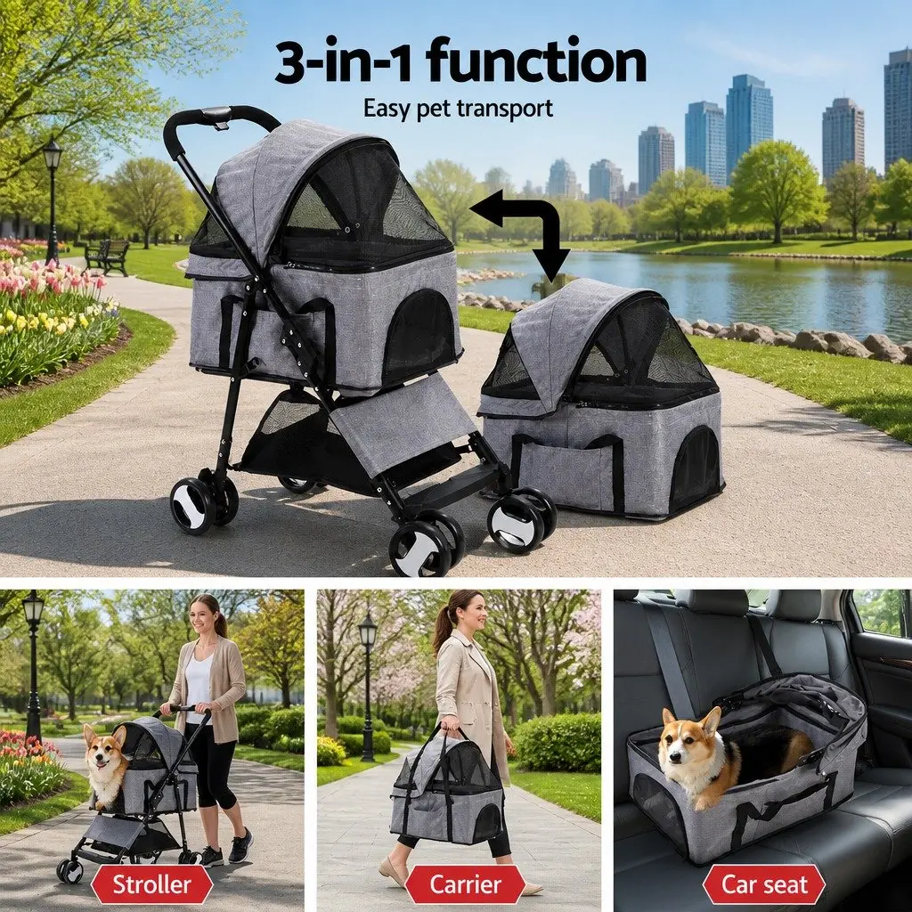 Pet Stroller Foldable 3-in-1 Grey Large Powder-coated Steel 600D Oxford Fabric