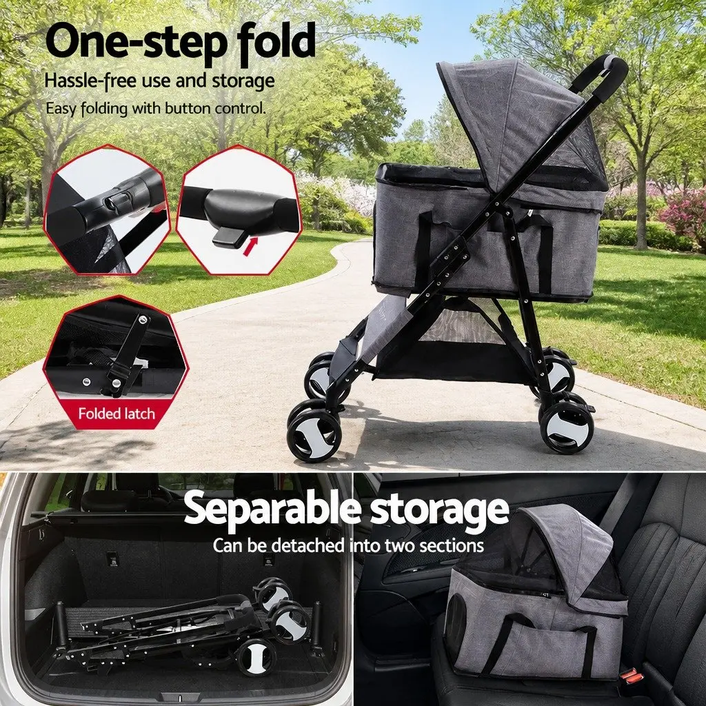 Pet Stroller Foldable 3-in-1 Grey Large Powder-coated Steel 600D Oxford Fabric