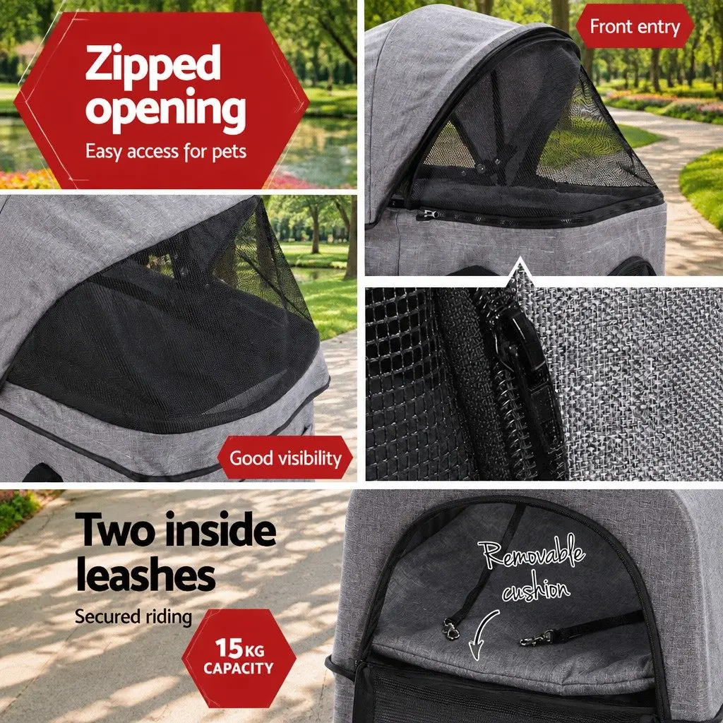 Pet Stroller Foldable 3-in-1 Grey Large Powder-coated Steel 600D Oxford Fabric