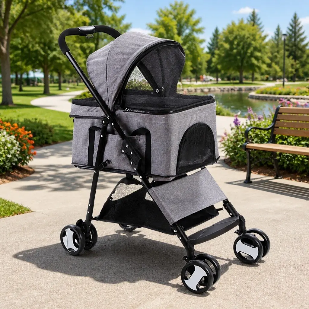 Pet Stroller Foldable 3-in-1 Grey Large Powder-coated Steel 600D Oxford Fabric