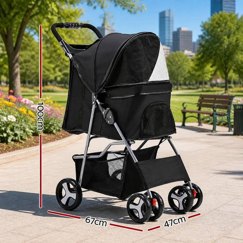 Pet Stroller Steel Frame 67cm x 47cm x 100cm Black 4 Wheel Foldable Small Dog Cat Carrier Travel Pushchair Breathable Mesh