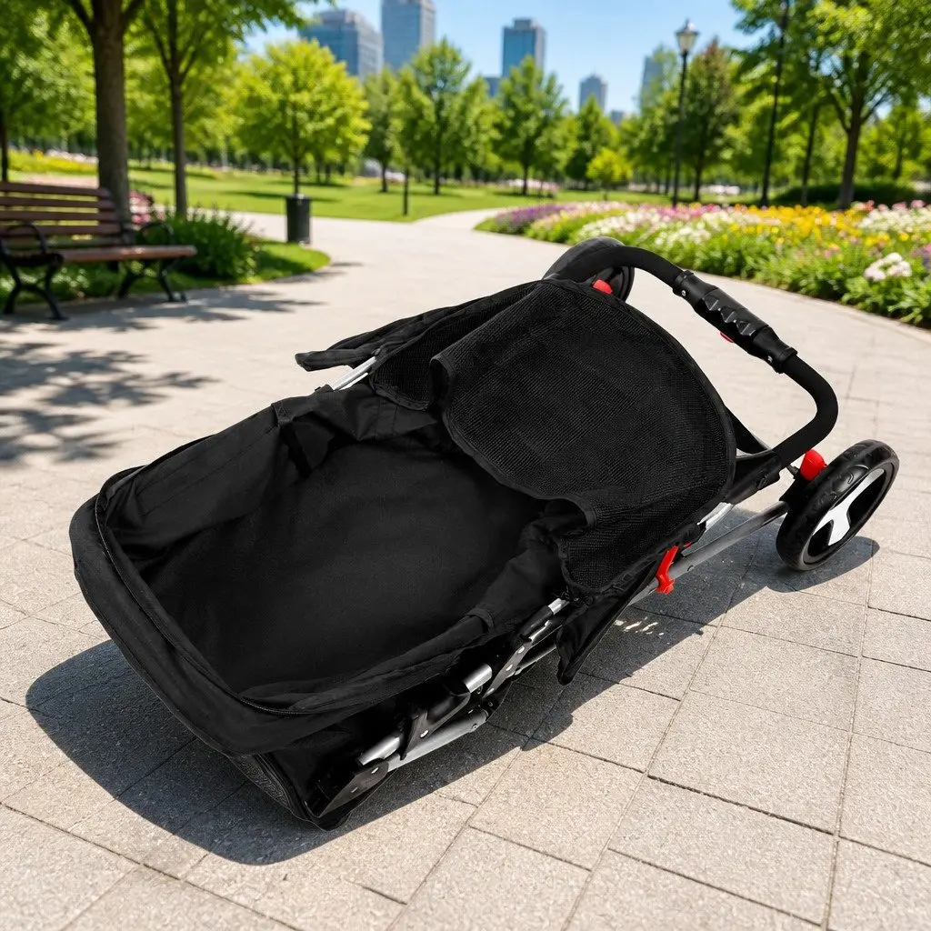 Pet Stroller Steel Frame 67cm x 47cm x 100cm Black 4 Wheel Foldable Small Dog Cat Carrier Travel Pushchair Breathable Mesh