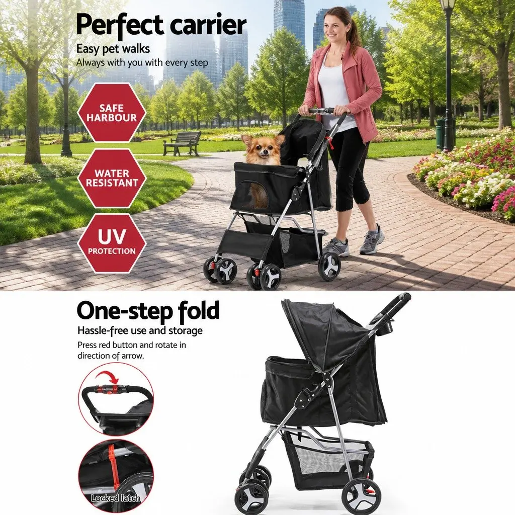 Pet Stroller Steel Frame 67cm x 47cm x 100cm Black 4 Wheel Foldable Small Dog Cat Carrier Travel Pushchair Breathable Mesh