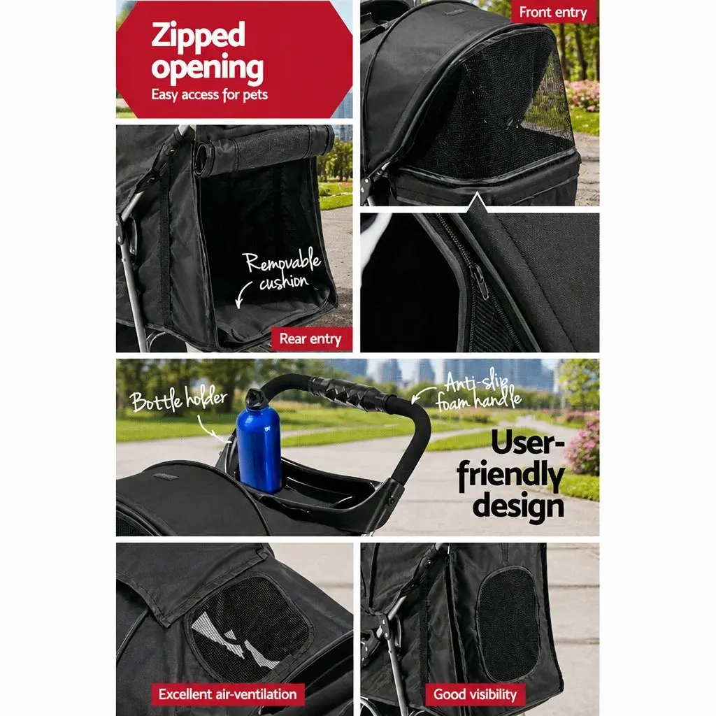 Pet Stroller Steel Frame 67cm x 47cm x 100cm Black 4 Wheel Foldable Small Dog Cat Carrier Travel Pushchair Breathable Mesh