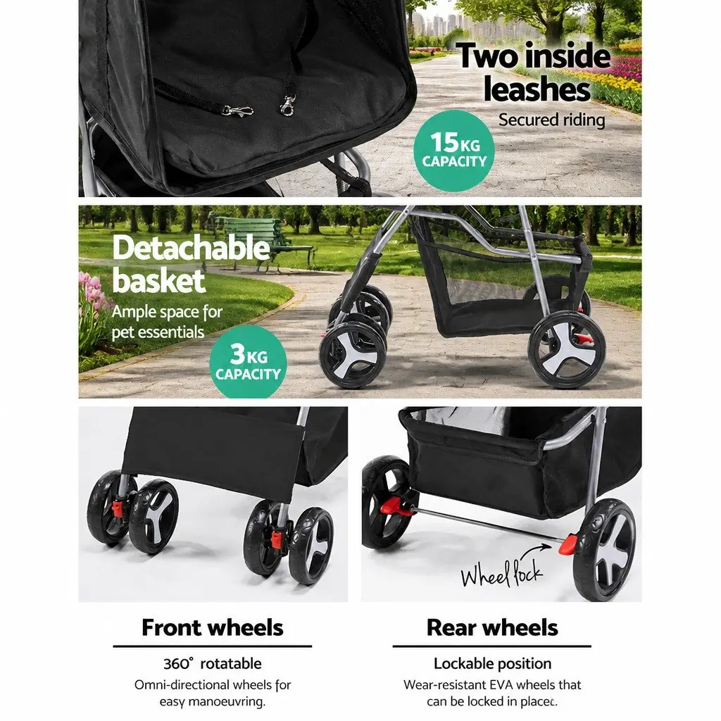 Pet Stroller Steel Frame 67cm x 47cm x 100cm Black 4 Wheel Foldable Small Dog Cat Carrier Travel Pushchair Breathable Mesh