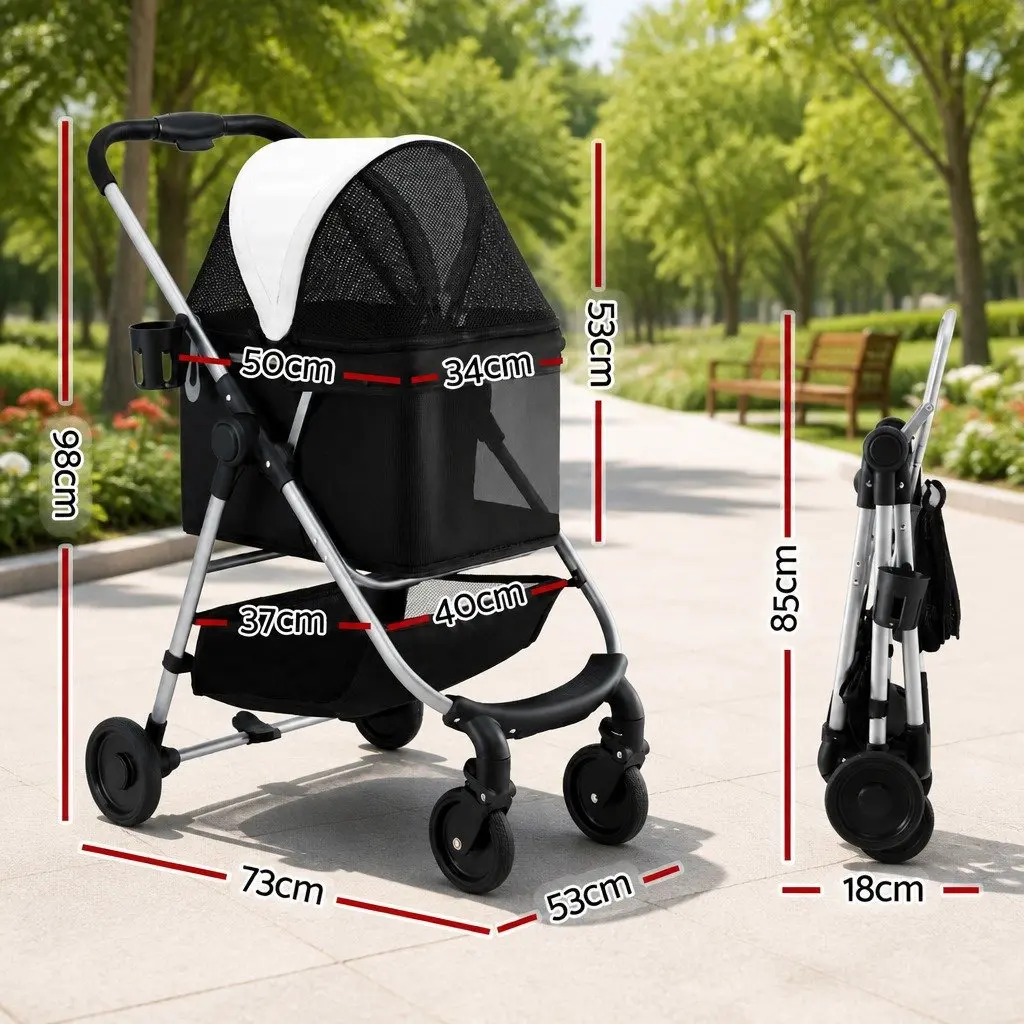 Pet Stroller Foldable Steel Frame Large Black White 4 Wheels Pushchair