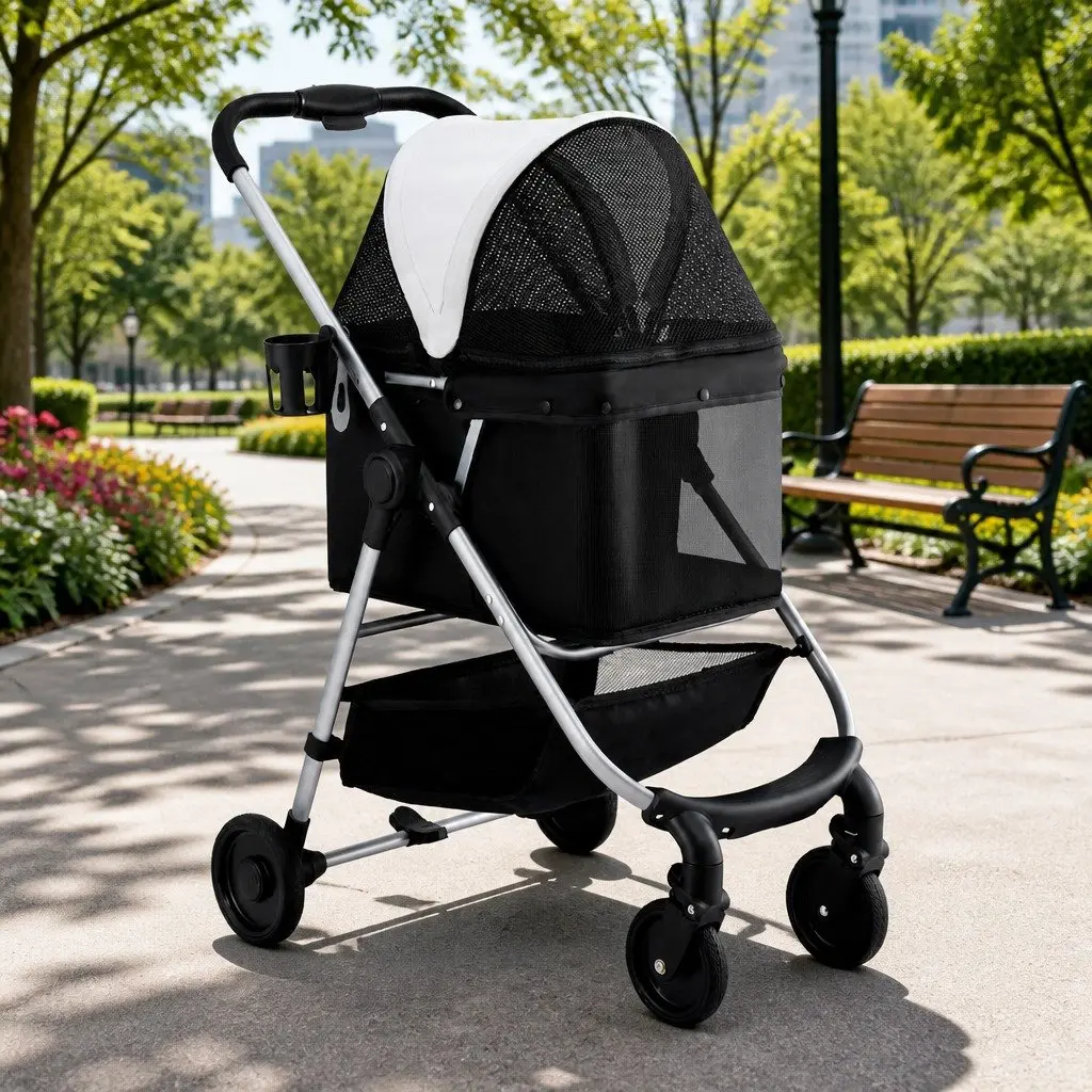 Pet Stroller Foldable Steel Frame Large Black White 4 Wheels Pushchair