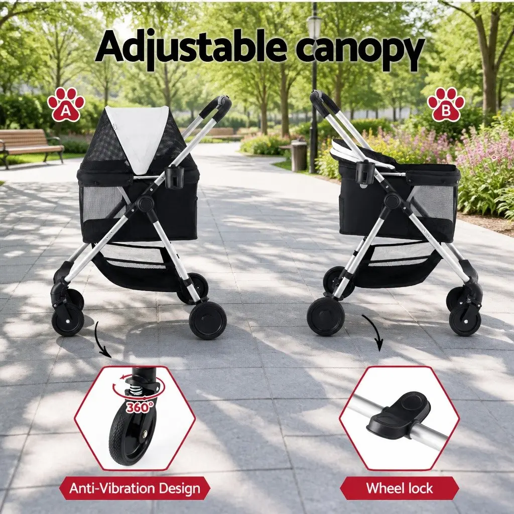 Pet Stroller Foldable Steel Frame Large Black White 4 Wheels Pushchair