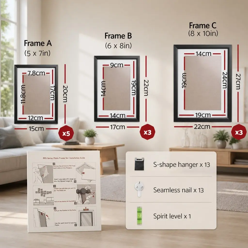 Photo Frame Set 11 Pieces 5x7" 6x8" 8x10" Black Wall Hanging Picture Frames