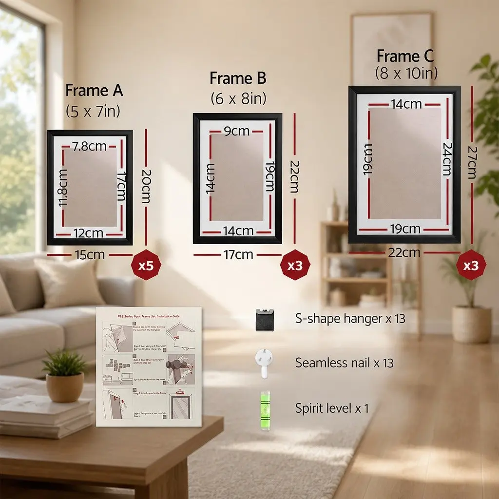 Photo Frame Set 11 Pieces 5x7" 6x8" 8x10" Black Wall Hanging Picture Frames