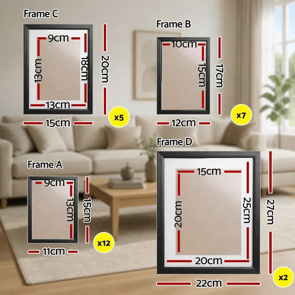26 Piece Photo Frame Set Black Polymer Multiple Sizes 3.5x5 4x6 5x7 8x10 Wall Display