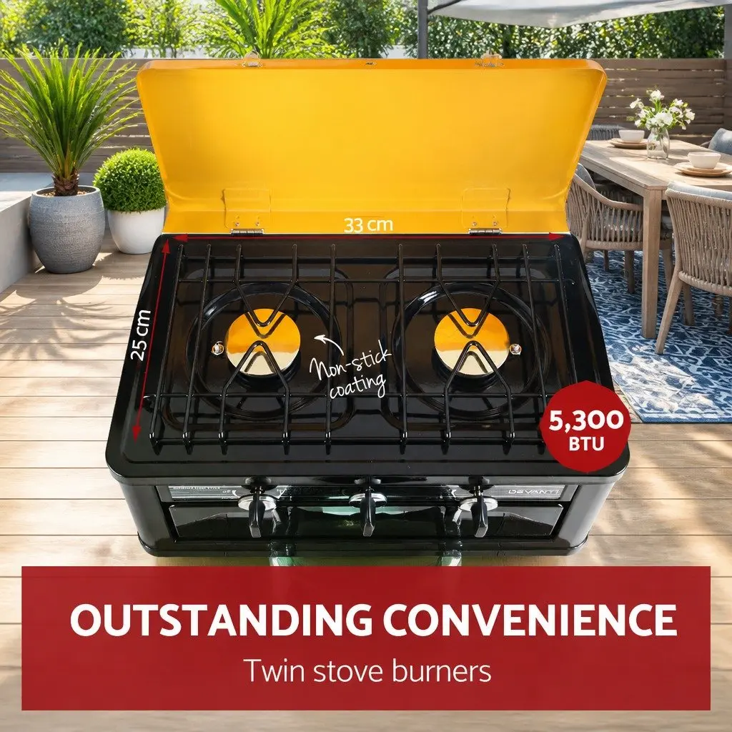 Portable Gas Oven and Stove Stainless Steel Dual Burner 53.5 x 34 x 46cm Black and Yellow