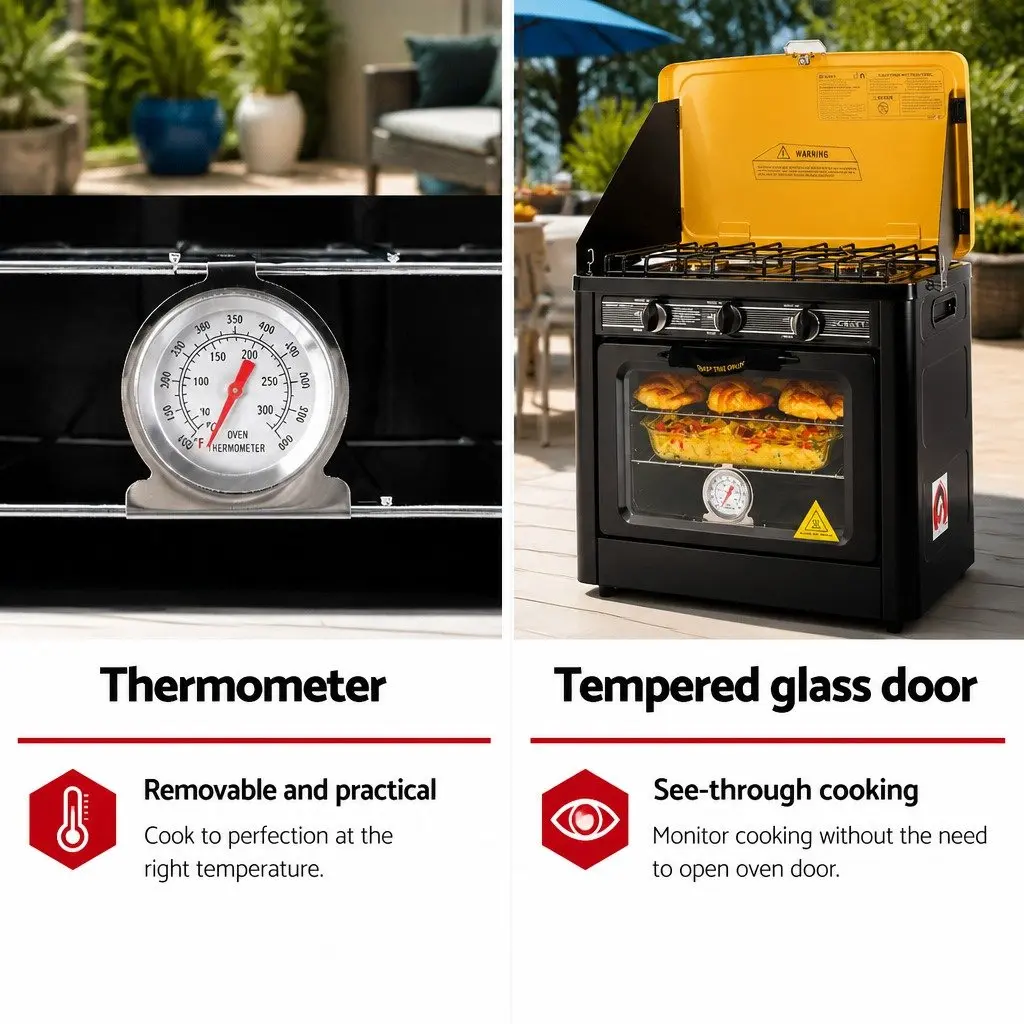 Portable Gas Oven and Stove Stainless Steel Dual Burner 53.5 x 34 x 46cm Black and Yellow