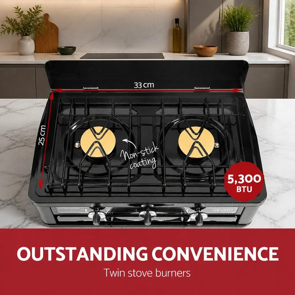 Portable Outdoor Cooking Gas Stove Oven Twin Burners Stainless Steel 535cm Silver or Black