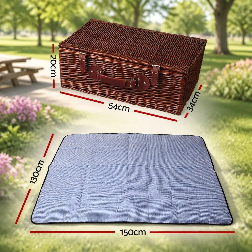Insulated Cooler Picnic Basket Set Wicker with Faux Leather Accents and Cotton Linen for 4 Person with Ground Blanket and Stainless Steel Cutlery
