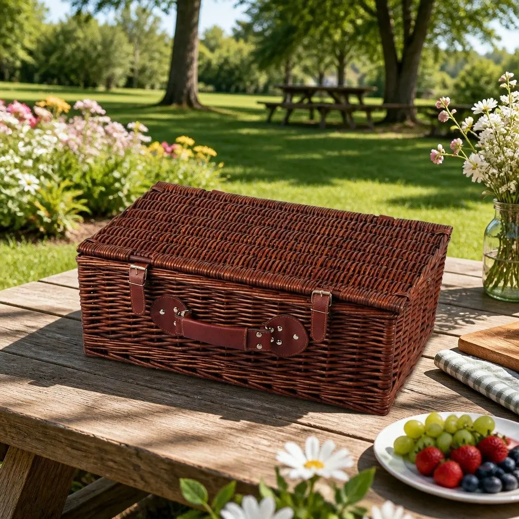 Insulated Cooler Picnic Basket Set Wicker with Faux Leather Accents and Cotton Linen for 4 Person with Ground Blanket and Stainless Steel Cutlery