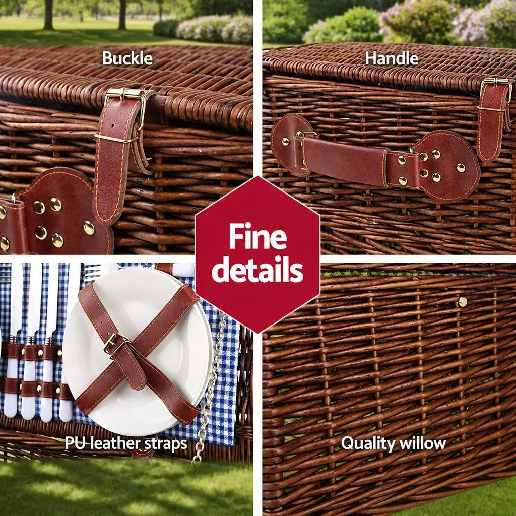 Insulated Cooler Picnic Basket Set Wicker with Faux Leather Accents and Cotton Linen for 4 Person with Ground Blanket and Stainless Steel Cutlery