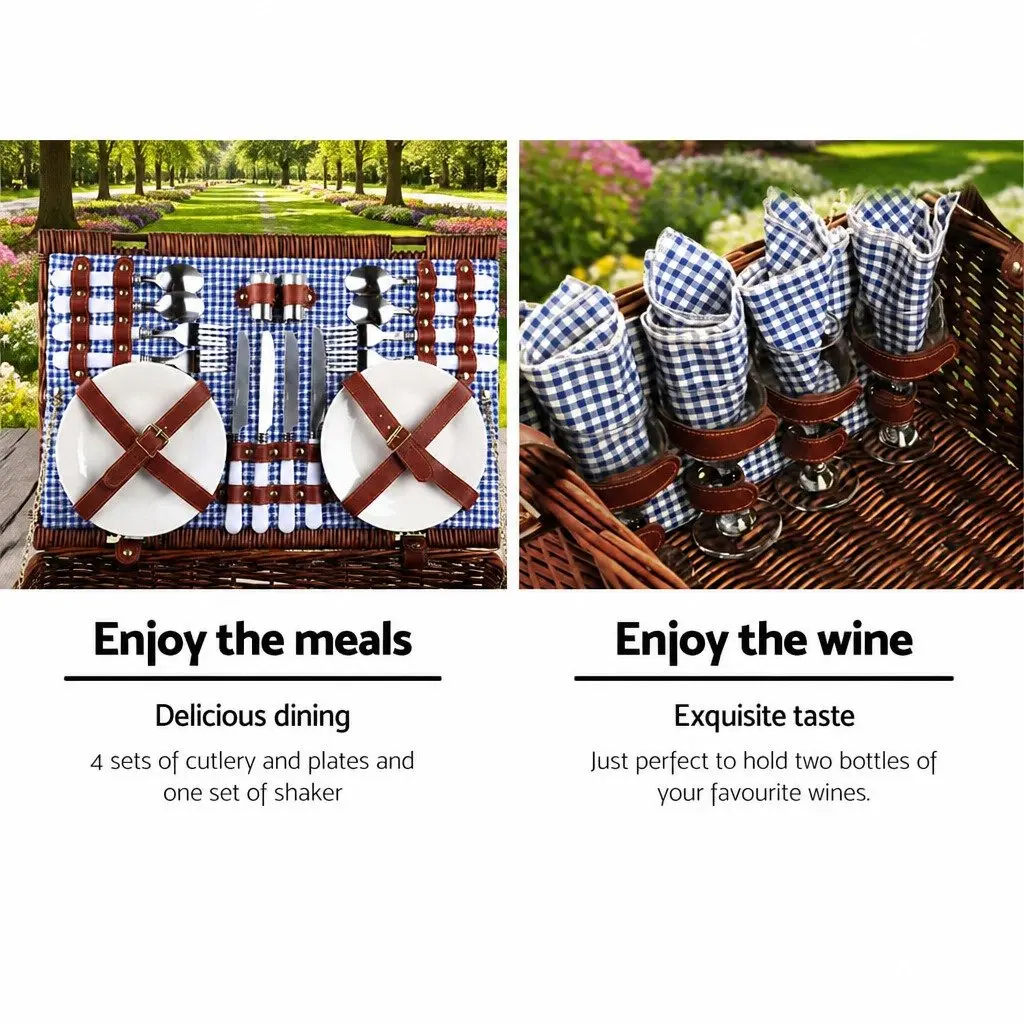 Insulated Cooler Picnic Basket Set Wicker with Faux Leather Accents and Cotton Linen for 4 Person with Ground Blanket and Stainless Steel Cutlery