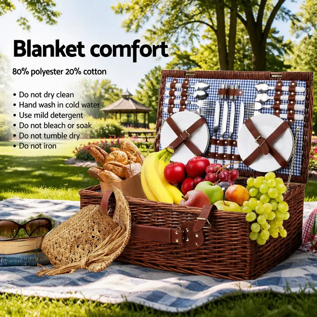 Insulated Cooler Picnic Basket Set Wicker with Faux Leather Accents and Cotton Linen for 4 Person with Ground Blanket and Stainless Steel Cutlery