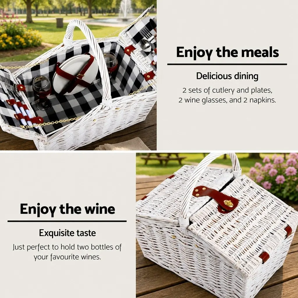 2 Person Picnic Basket Willow Insulated Blanket White