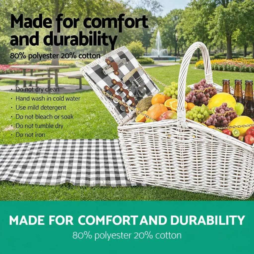 2 Person Picnic Basket Willow Insulated Blanket White