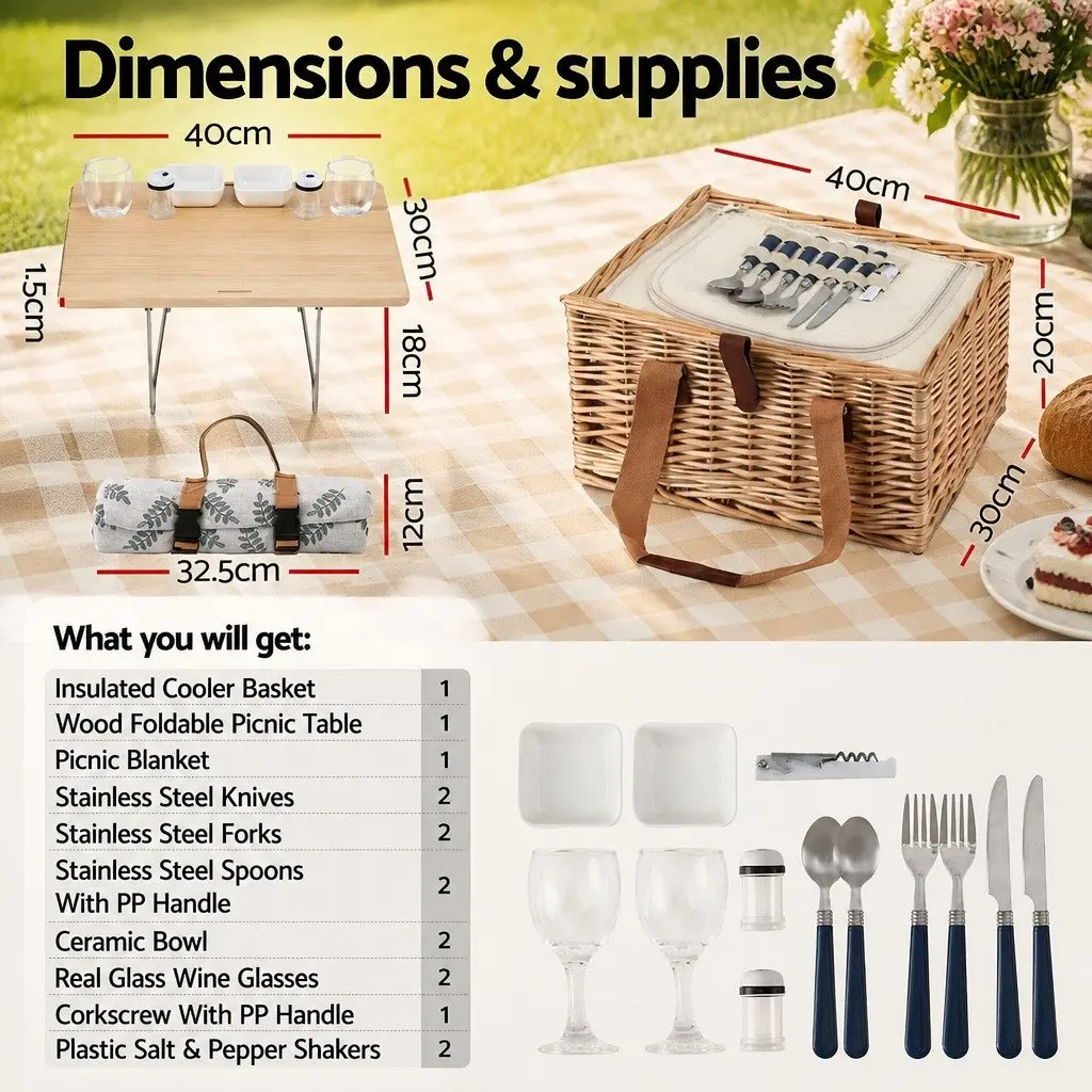 Picnic Basket Set Willow Woven for 2 Person with Wood Table Insulated Cooler Blanket Multicolour