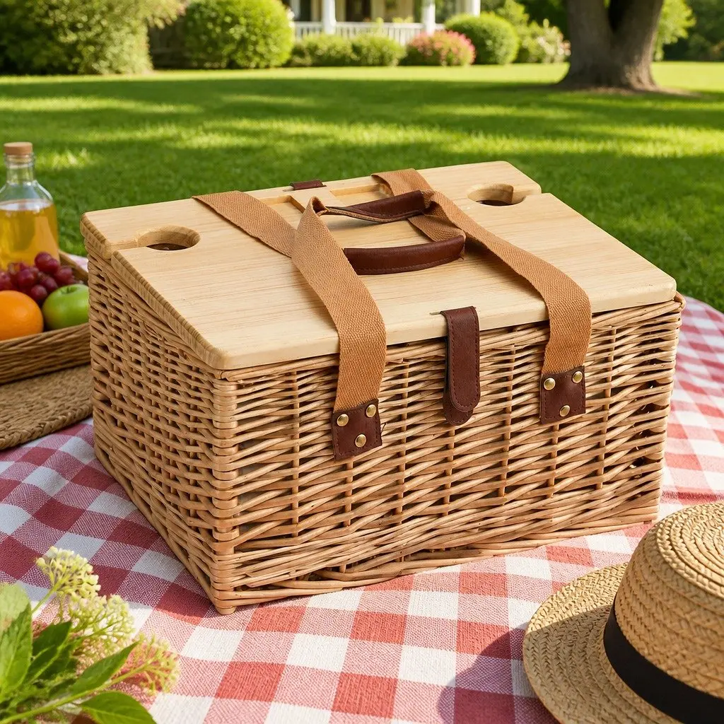 Picnic Basket Set Willow Woven for 2 Person with Wood Table Insulated Cooler Blanket Multicolour