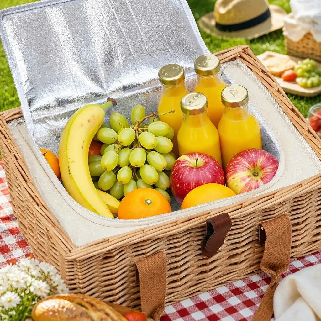 Picnic Basket Set Willow Woven for 2 Person with Wood Table Insulated Cooler Blanket Multicolour